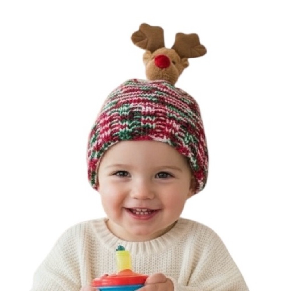 Hat Beanie Baby Hand Crafted Holiday Christmas Reindeer Red Green White Knit